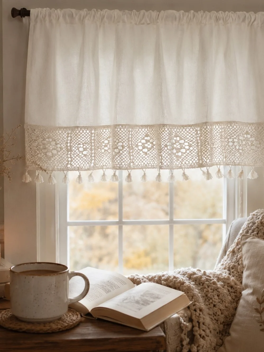 3-Cream Linen Crochet Tassel Window Valance - Home Accents